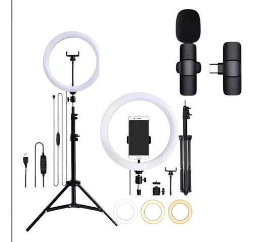 Kit Aro Luz Led + Tripode 2.10m + Microfono Corbatero Creador De Contenido Videos Influencer Reels