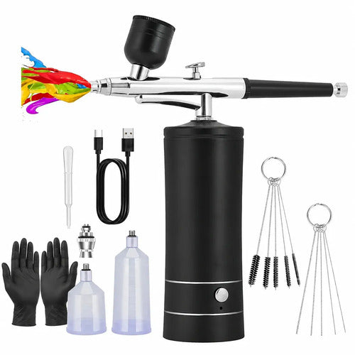 Kit Aerógrafo Inalámbrico Compresor Uñas Repostería Maquillaje Negro Recargable Usb Portátil Mini Airbrush Tortas Gallet