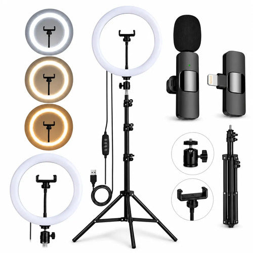 Aro Luz Led Iluminador Profesional Trípode 2.10m Micrófono Corbatero Inalámbrico Lighting Kit Influencer Creador Micrófono Tipo Lighting