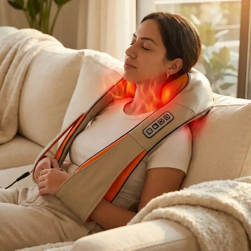Masajeador Cervical Shiatsu Calor Infrarrojo Cuello Hombros Espalda Eléctrico Relajante Alivio Dolor Muscular Contracturas Tensión Terapia Masaje Amasamiento Portátil Hogar Regalo Trapecio Beige Solux