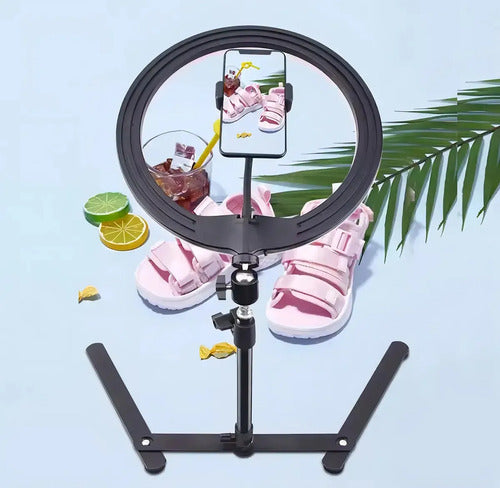 Aro Luz Led 26cm Profesional Trípode Mesa Escritorio Soporte Celular Iluminador Brazo Articulado Giratorio 360 Cenital Usb Regulable Tonos Cálida Fría Neutra Selfie Fotos Videos Tutoriales Negro Solux