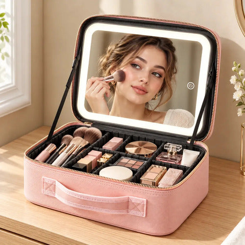 Estuche Maquillaje Profesional Espejo Luz Led Organizador Viaje Recargable Valija Maletín Maleta Neceser Cosmetiquera Br