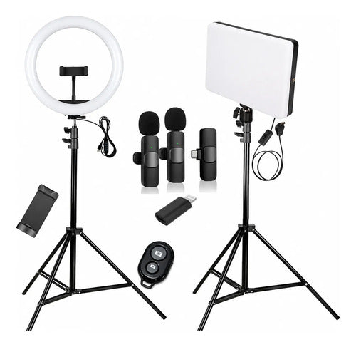 Kit Influencer Aro Luz Panel Led 2 Trípodes 2 Mic Remoto Negro Fria Calida Neutra
