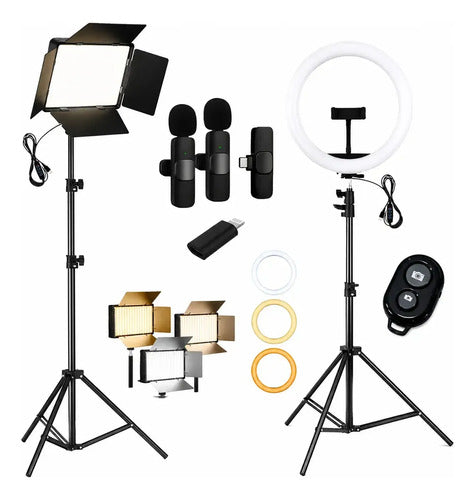 Kit Streaming Panel Reflector Aro Led Trípode Microfono Negro Fría, Calida Y Neutra