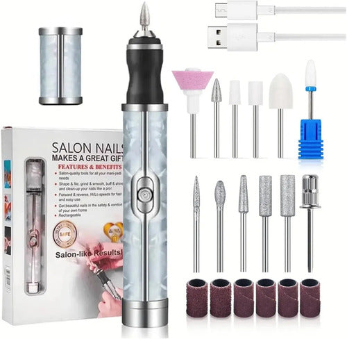 Torno Uñas Profesional Manicura Pedicura Recargable Inalámbrico Plateado Usb Velocidad Regulable Estuche Kit Pulidor Lim