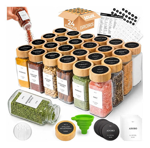 Especieros Vidrio Tapa Bambú Dosificador Etiquetas Frascos Condimentos Especias Organizador Cocina Hierbas Sal Pimienta 