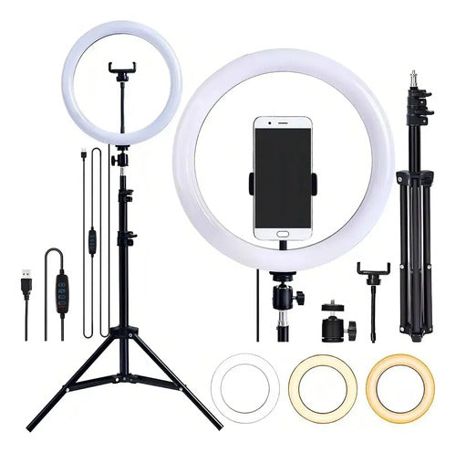 Aro Luz Led 26cm Profesional Iluminador Trípode Aluminio 2.1m Selfie Fotos Videos Distancia Maquillaje Estudio Ring Ligh
