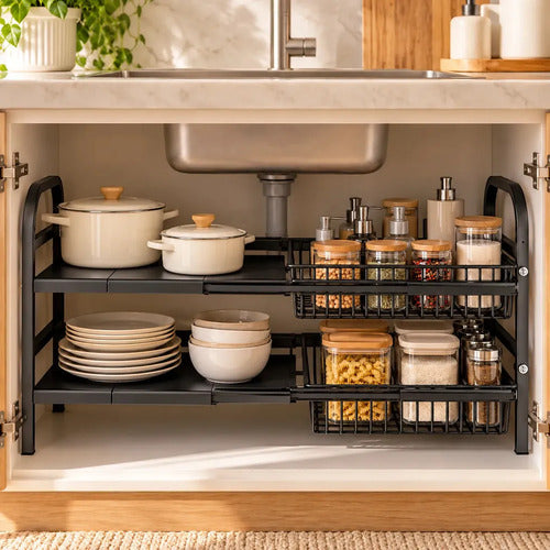 Organizador Bajo Mesada Cocina Alacena Extensible Metal Pileta Baño Estante Regulable Ajustable Canastos Deslizables Ext