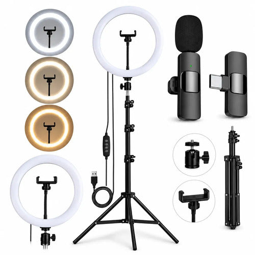 Aro Luz Led Iluminador Profesional Trípode 2.10m Micrófono Corbatero Tipo-c Inalámbrico Kit Influencer Creador Contenido Micrófono Tipo C