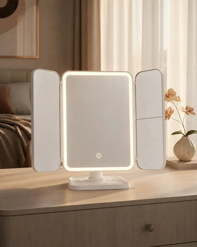 Espejo Maquillaje Luz Led Aumento Ajustable Recargable Usb Gris Tocador Mesa Rectangular Giratorio Portátil Tonos Fría C