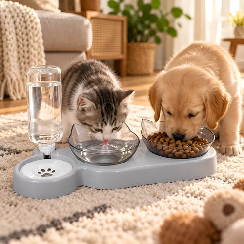 Comedero Bebedero Gato Perro Mascotas 2 En 1 Doble Plato Bol Gris