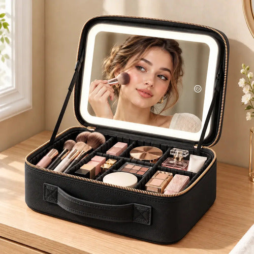 Estuche Maquillaje Profesional Espejo Luz Led Organizador Viaje Recargable Valija Maletín Maleta Neceser Cosmetiquera Br