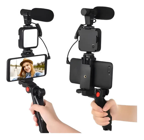 Estabilizador Ay-49 Celular Kit Grabación Trípode Micrófono Led Color Negro