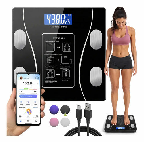 Balanza De Baño Digital Inteligente Solux Con Bluetooth Para App, Peso Y Composición Corporal Negro